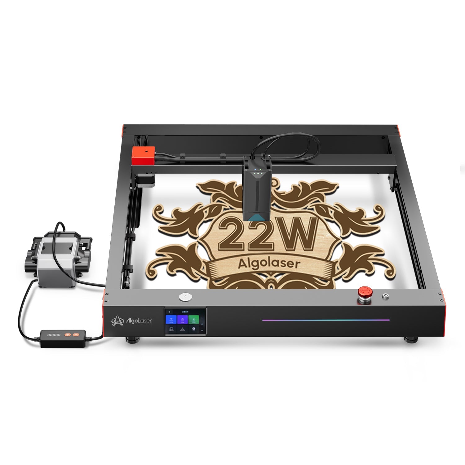 AlgoLaser Delta 22W Laser Engraver top view with cut and engraved item- Stelis3D